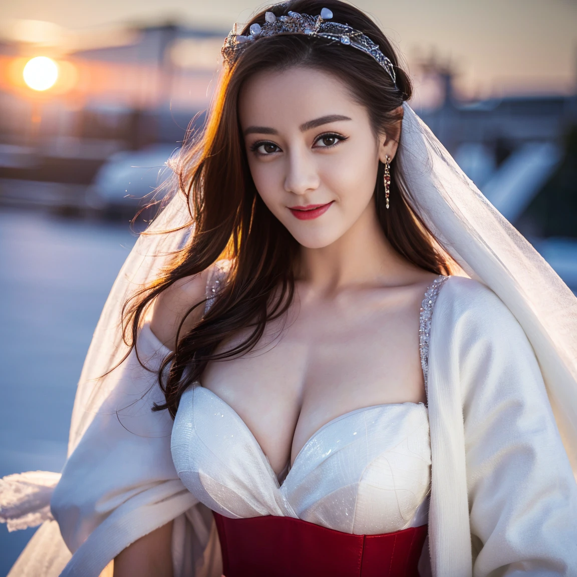 ((top quality、8K、Masterpiece:1.3))、Extremely delicate and beautiful girl,full-body shot,huge breasts,bigger breasts,amazing breast size,H cup,bare shoulders,Expose large,Expose more breasts。Wear big earrings,The skin is very white,moist red lips,Waist is very thin,Thighs are very thin,big ass,fair and smooth skin,Smooth and fair skin,flawless skin,Fair and shiny skin,cold white skin,The camera focuses on the chest,bright light,White cloth,breast exposed,white hair,white hair,blizzard,snow mountain,Sunset,lake,sweet smile,mouth slightly open