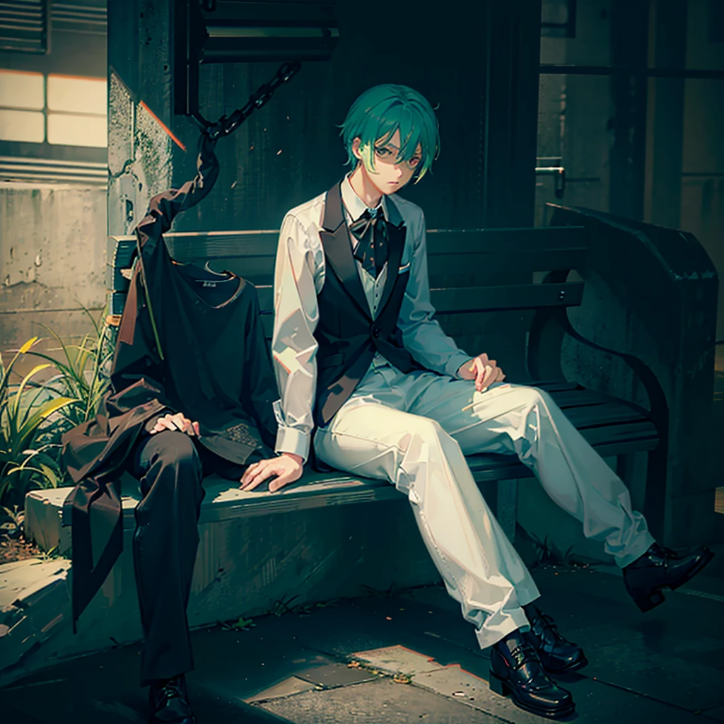 anime man, sitting in a bench looking at a rotting zombie corpse on the floor, casual park, marine green hair, light green eyes, tuxedo, dark fantasy