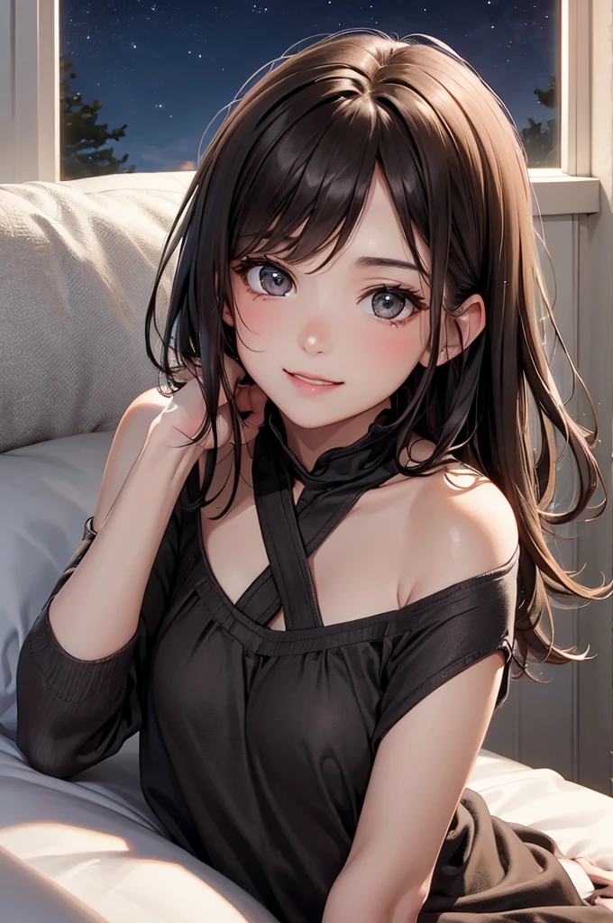 Best Quality,High resolution,8K,finelity detailed background,Masterpiece:1.2),beautiful girl,Shiny brown hair,crossed bangs,Brown eyes,Gentle look,A refreshing look,smile,Best quality,Best Quality,Aesthetic and aesthetic:1.2,Best details((Super detailed))(High-definition CG illustrations),Upper Body,Dark grey underwear, (dark gray),Slender body,night,moon,Bedroom,On the bed,smile,blush,cute,Scrounge,Looking up,Being spoiled,super model,wariza,shoot from,below
