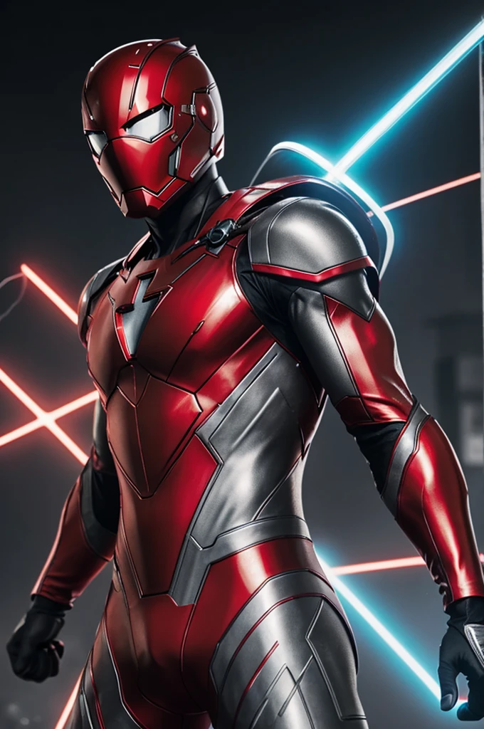 A target, of you clear, with red metallic hero suit, gray and black, electricity powers