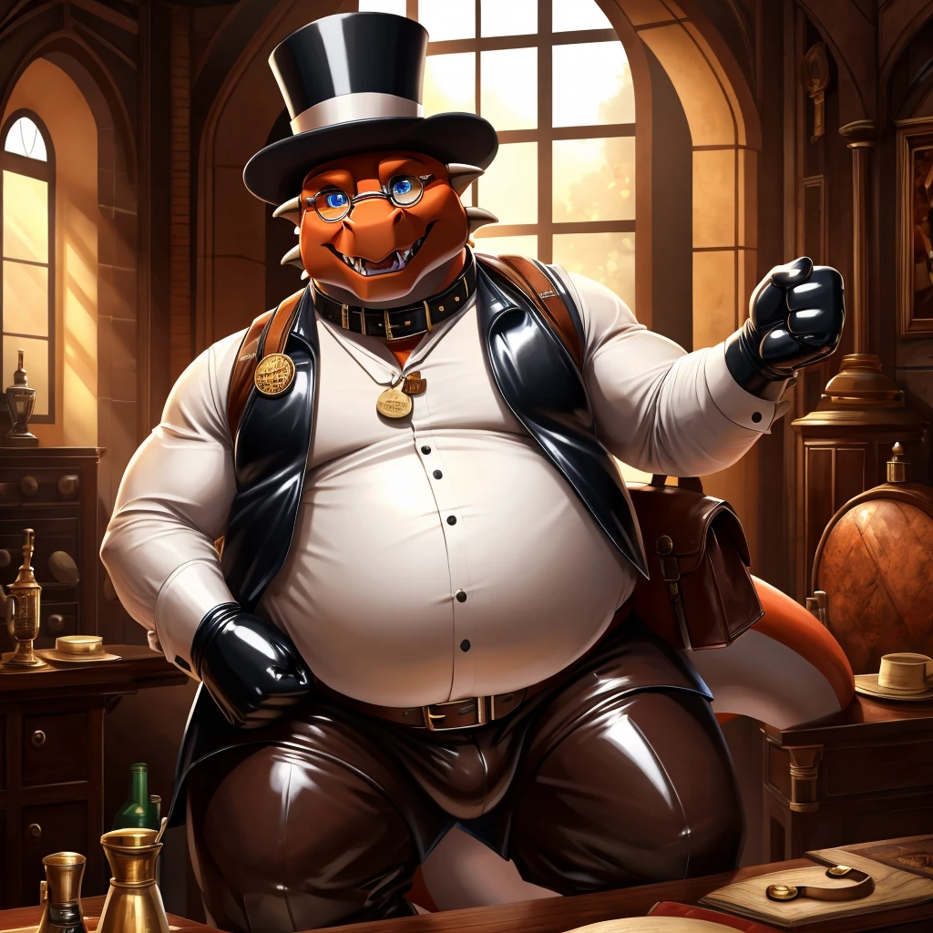 Solo, Male, fat, extremely obese, gentleman, dapper Professor Dragon, blue eyes, (posing:1.3), (soft shading), 4k, hi res, ((detailed face, detailed)), looking at viewer, mouth wide open, steampunk, collared shirt with ons, top hat, male focus, Explorer Outfit, glasses, monocle, bag, vest with butt backpack, sleeves rolled up, round eyewear, brown headwear, brown vest, Dragon is wearing a glossy leather dog collar around the neck, Dragon is wearing the leather collar and shirt and vest at the same time, Dragon is wearing glossy white rubber gloves on the hands, wearing white rubber gloves on the feet, gloves are rubber in texture, clenching teeth, clenching fists, leather collar is glossy and shiny with a lot of detail, Dragon is wearing gloves and leather collar at the same time, leather collar has a round dog-tag, leather collar is thick and detailed.