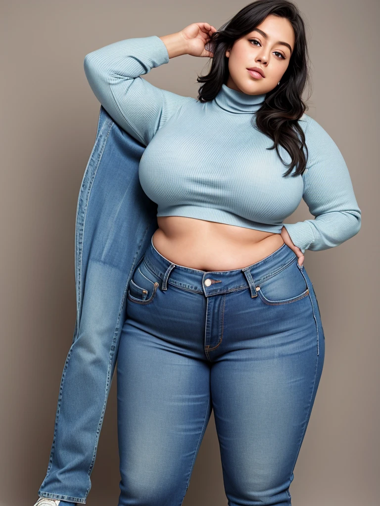 ((Full body)), (low head 1.5), A little sloppy body type and small breasts, masterpiece, tight denim pants, chubby but small breasts, very thick legs++, Full body+, Solo, Swollen face, Moderately fat body type+, 1 woman, wide shoulder, (white long sleeve tutleneck 1.5,) tight turtle neck, light blue Denim pants, thick thighs, low rise light blue denim pants, solo, simple background, masterpiece, best quality, black hair, 