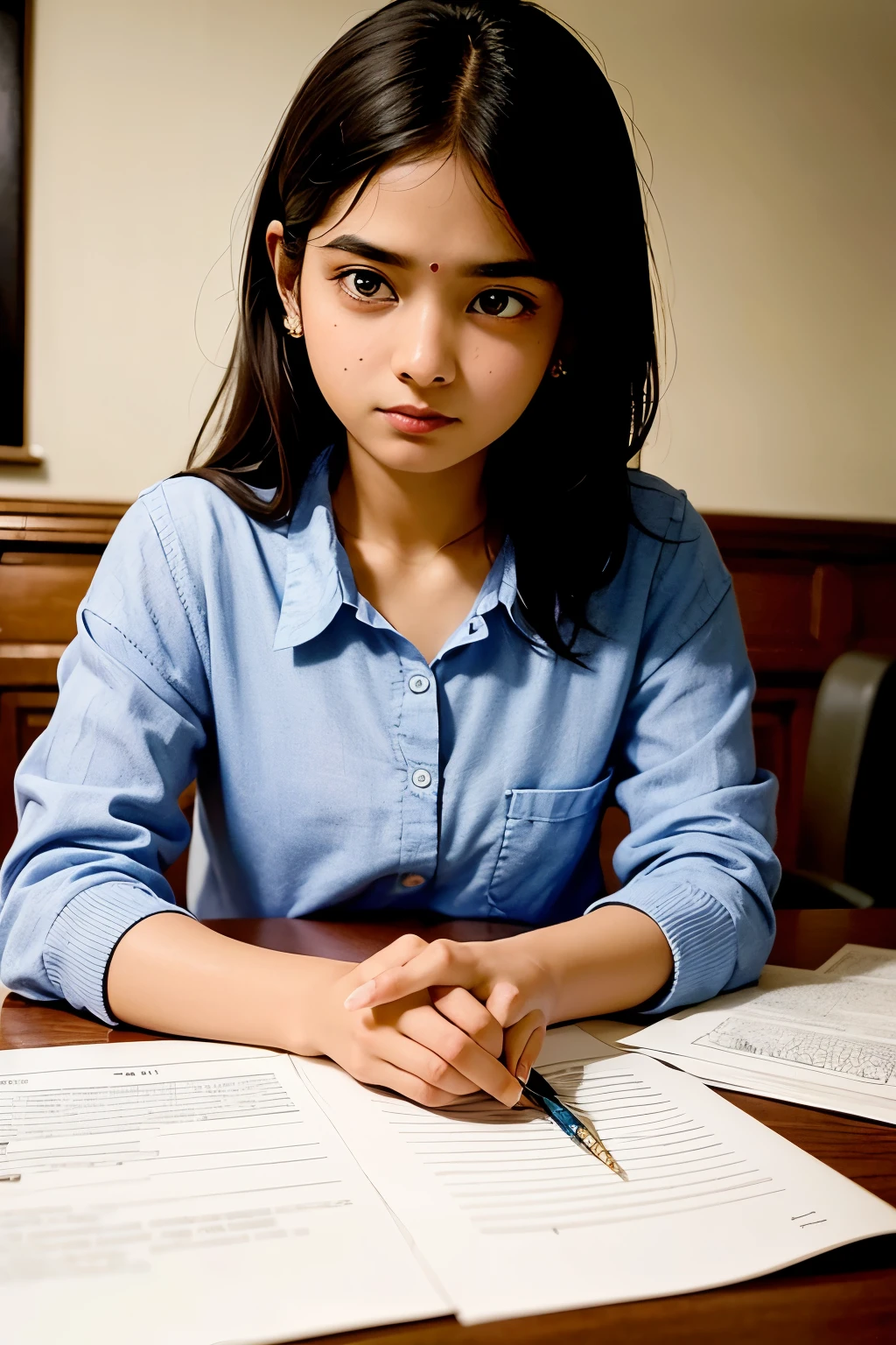 ((best quality)), ((masterpiece)), (detailed), An illustration of an Indian  girl sitting at a desk looking at her report card with a disappointed expression on her face