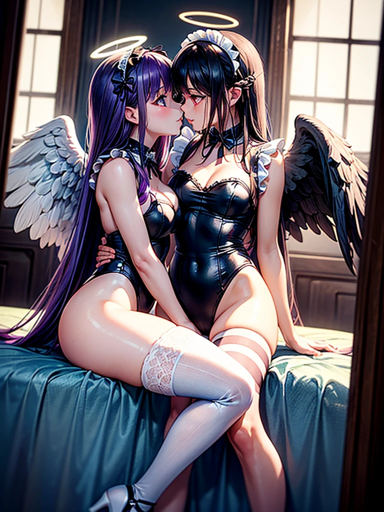 Highest quality,Highest Resolution,(((A beautiful girl with blue eyes, black hair and white angel wings on her back in a maid leotard)))and(((A beautiful girl with red eyes, purple hair, and black angel wings on her back in a gothic lolita leotard)))are sitting face to face,kiss,saliva,(((Halo))),smile,Frills,Knee-high stockings,Camera angle from a distance,