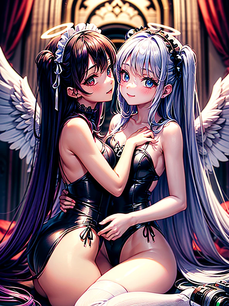 Highest quality,Highest Resolution,(((A beautiful girl with blue eyes, black hair and white angel wings on her back in a maid leotard)))and(((A beautiful girl with red eyes, purple hair, and black angel wings on her back in a gothic lolita leotard)))are sitting face to face,kiss,saliva,(((Halo))),smile,Frills,Knee-high stockings,Camera angle from a distance,