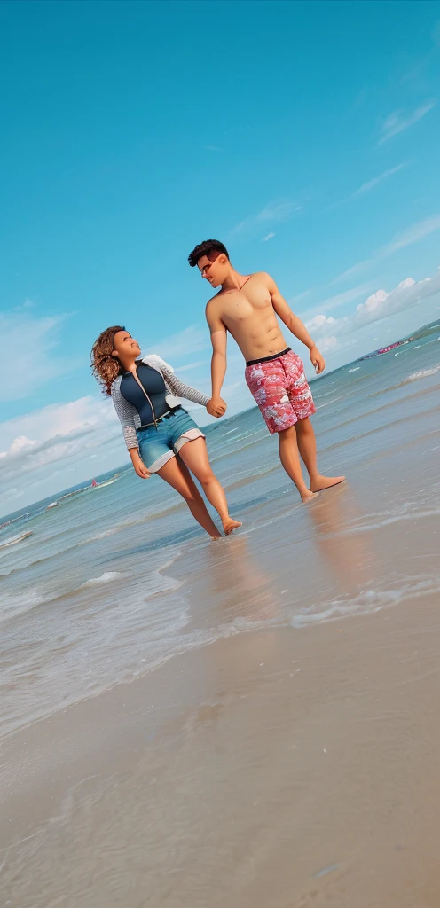 Light-skinned couple holding hands on the beach