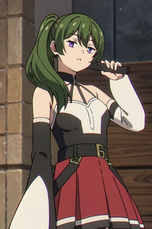 ((Bestquality))),((Ultra-detailed)),((illustration)),((Disheveledhair)),((frilld)),(1girl),(Solo), 1girl,holding,looking_at_viewer,open_mouth,solo,rating:safe,black_bow,bow,clothing,crown,dress,female,frilled_dress,frills,hair_flaps,headwear,juliet_sleeves,long_hair,long_sleeves,makaria,:o,puffy_sleeves,red_dress,scepter,standing,wide_sleeves, purple eyes,green hair,Right side ponytail,