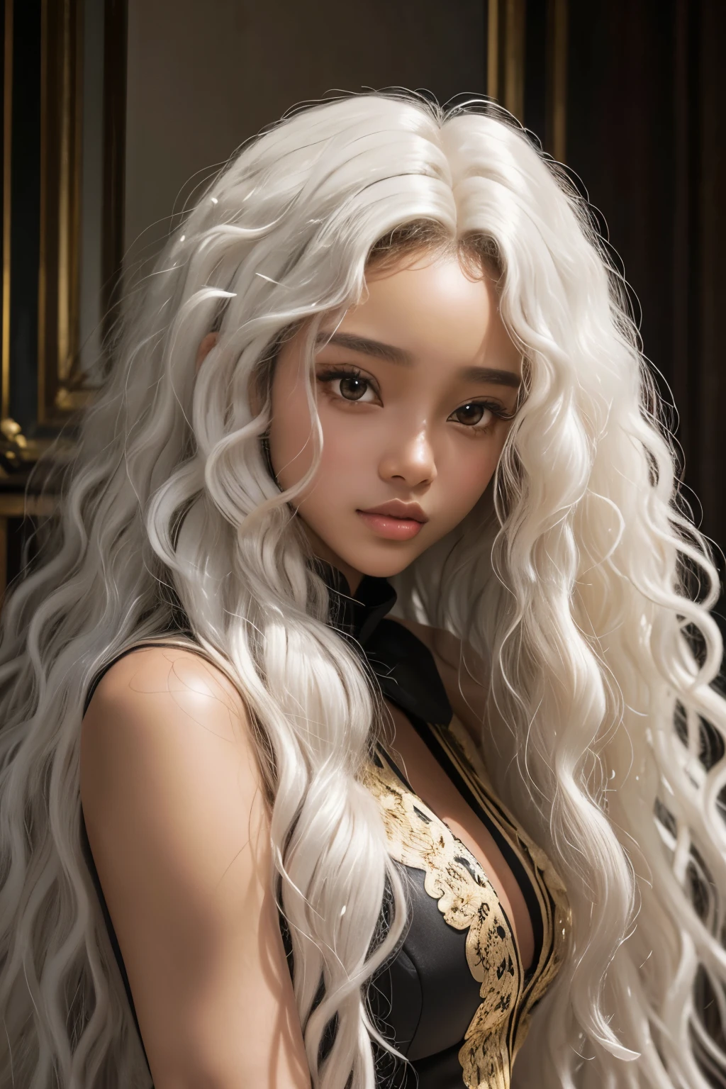 masterpiece, best quality, beautiful black and Asian mixed 19 year old, light brown skin female, long, frizzy, curly white hair, perfect face, half body, long hair, melanin, curly white hair