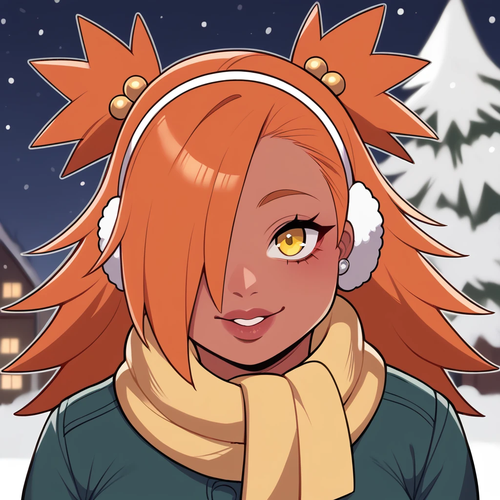 score_9, score_8_up, score_7_up, score_6_up, score_5_up, score_4_up, source_anime, rating_safe, BREAK chouchou akimichi,1girl,dark-skinned female,curvy,orange hair,hair over one eye,two side up,long hair,yellow eyes,hair bobbles,jewelry,earrings,big breats,night,brown winter ear muffs,yellow scarf,green winter jacket,white winter shirt,black winter jeans,sunglasess,winter background,winter gloves