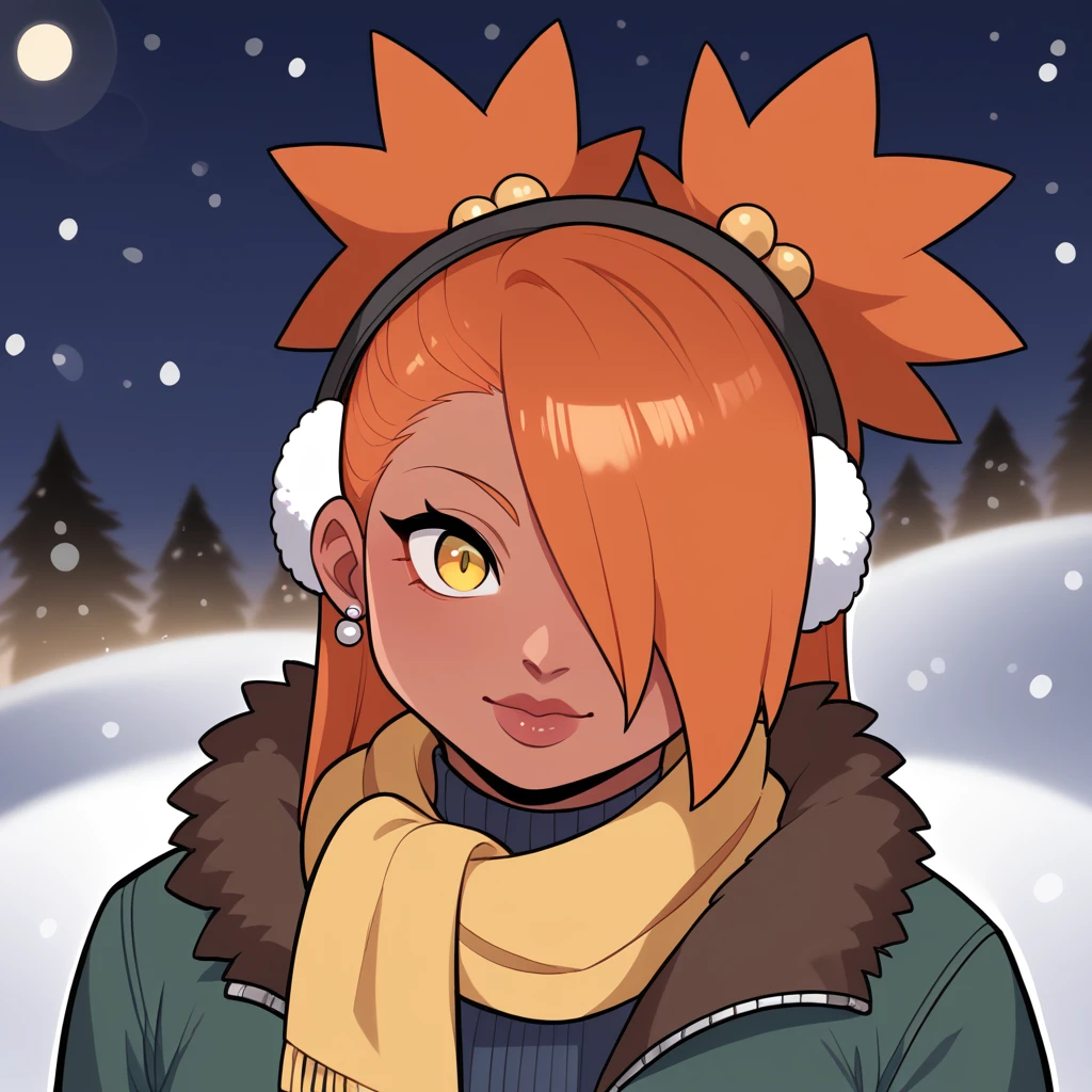 score_9, score_8_up, score_7_up, score_6_up, score_5_up, score_4_up, source_anime, rating_safe, BREAK chouchou akimichi,1girl,dark-skinned female,curvy,orange hair,hair over one eye,two side up,long hair,yellow eyes,hair bobbles,jewelry,earrings,big breats,night,brown winter ear muffs,yellow scarf,green winter jacket,white winter shirt,black winter jeans,sunglasess,winter background,winter gloves