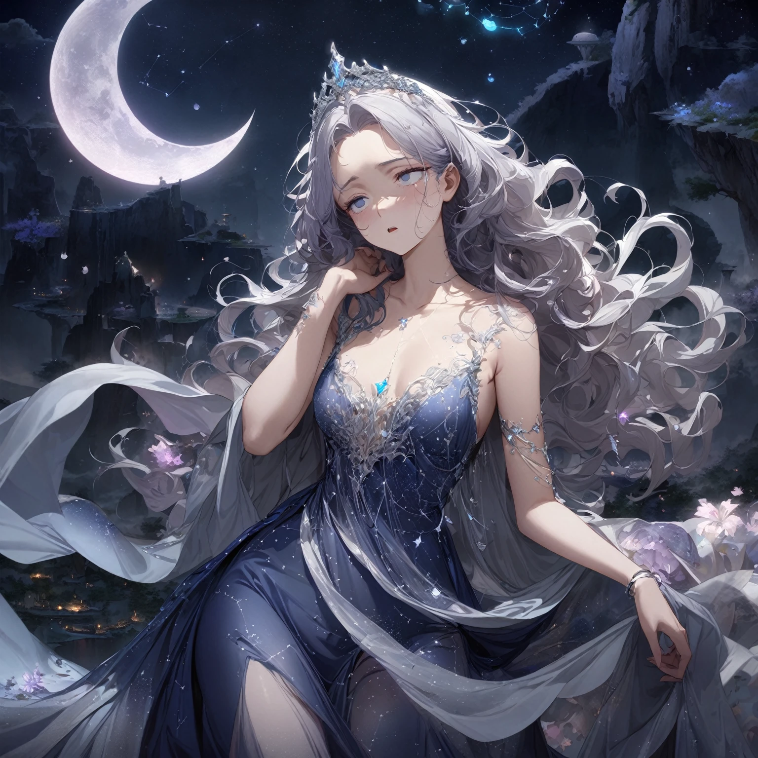 Woman, ethereal, otherworldly presence, sleepy, tired expression, half-closed, droopy eyes, slightly open mouth, silver, wavy hair, flowing gown, (nude:0.8), gossamer-like fabric, midnight blue, silver, lavender, constellation patterns, crescent moons, silver tiara, crescent-shaped charms, glowing gemstones, delicate silver bracelets, surreal, dreamlike landscape, large luminous moon, wisps of mist, floating islands, mythical creatures, glowing flora, small glowing orbs, faint silver threads, soft silvery light, dream manipulation, detailed gorgeous face| anime style| key visual| intricate detail| highly detailed| breathtaking| vibrant| panoramic| cinematic| Carne Griffiths| Conrad Roset| gibbli 8k