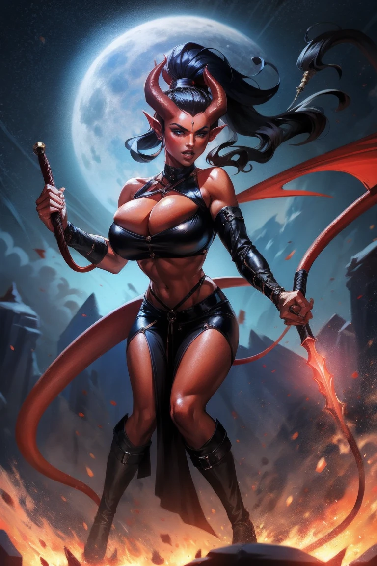 Red skin succubus tiefling, medium breasts, black horns, wings, huge tail, black leather, crop top, long flowing pelvic curtain, tall, athletic, graceful, thin, long black ponytail. Action scene, whip. Dark scene, explosions, night sky.