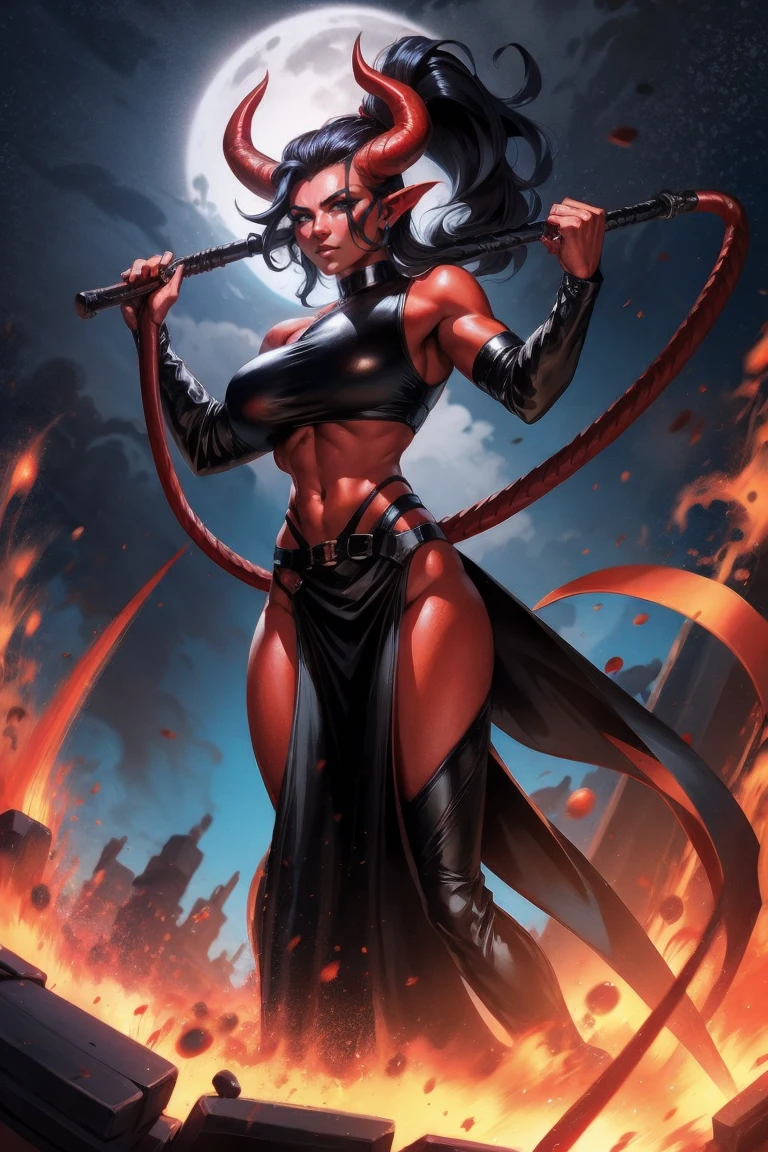 Red skin succubus tiefling, medium breasts, black horns, wings, huge tail, black leather, crop top, long flowing pelvic curtain, tall, athletic, graceful, thin, long black ponytail. Action scene, whip. Dark scene, explosions, night sky.