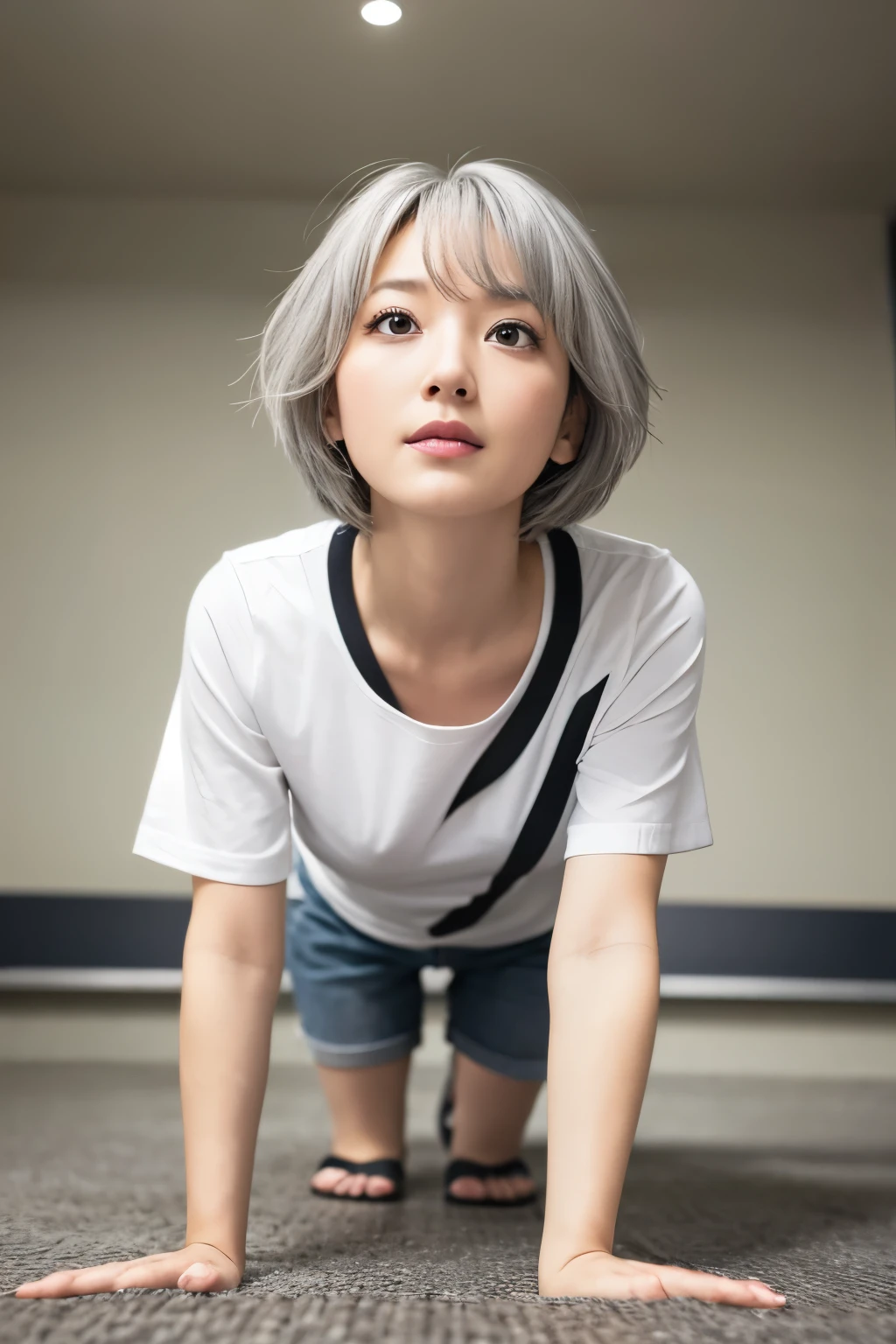 Adult, Looking up, On all fours, Short-haired girl, Gray hair