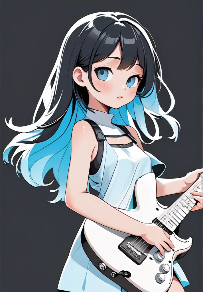 highres,best quality,natural,
Illustrator without black main lines, black contour lines, or black line drawings, flat and monochrome illustration, coloring similar to overseas animation, chibi character, full-body illustration, deformed illustration, girl holding a guitar with white and light blue as precious colors, flat illustration, simple, minimalism, white background.