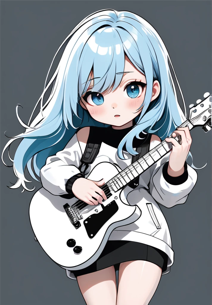 highres,best quality,natural,
Illustrator without black main lines, black contour lines, or black line drawings, flat and monochrome illustration, coloring similar to overseas animation, chibi character, full-body illustration, deformed illustration, girl holding a guitar with white and light blue as precious colors, flat illustration, simple, minimalism, white background.