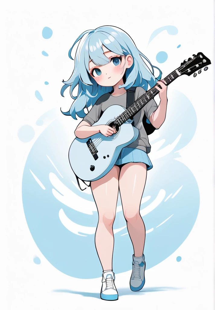 highres,best quality,natural, 
Illustrator without black main lines, black contour lines, or black line drawings, flat and monochrome illustration, coloring similar to overseas animation, chibi character, full-body illustration, deformed illustration, girl holding a guitar with white and light blue as precious colors, flat illustration, simple, minimalism, white background.