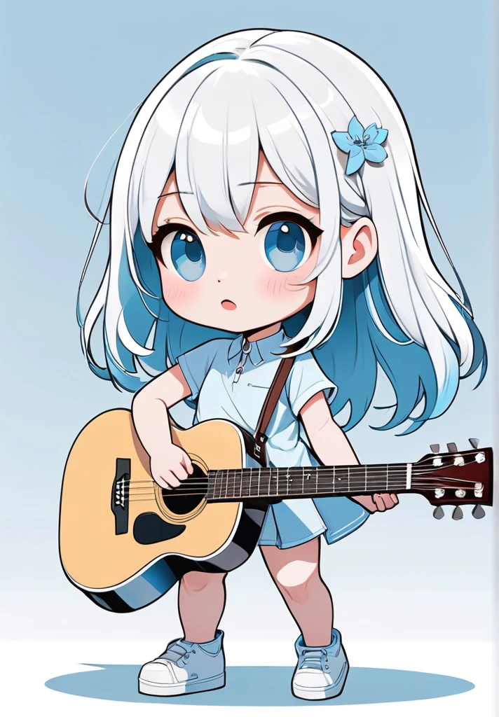 highres,best quality,natural,
Illustrator without black main lines, black contour lines, or black line drawings, flat and monochrome illustration, coloring similar to overseas animation, chibi character, full-body illustration, deformed illustration, girl holding a guitar with white and light blue as precious colors, flat illustration, simple, minimalism, white background.