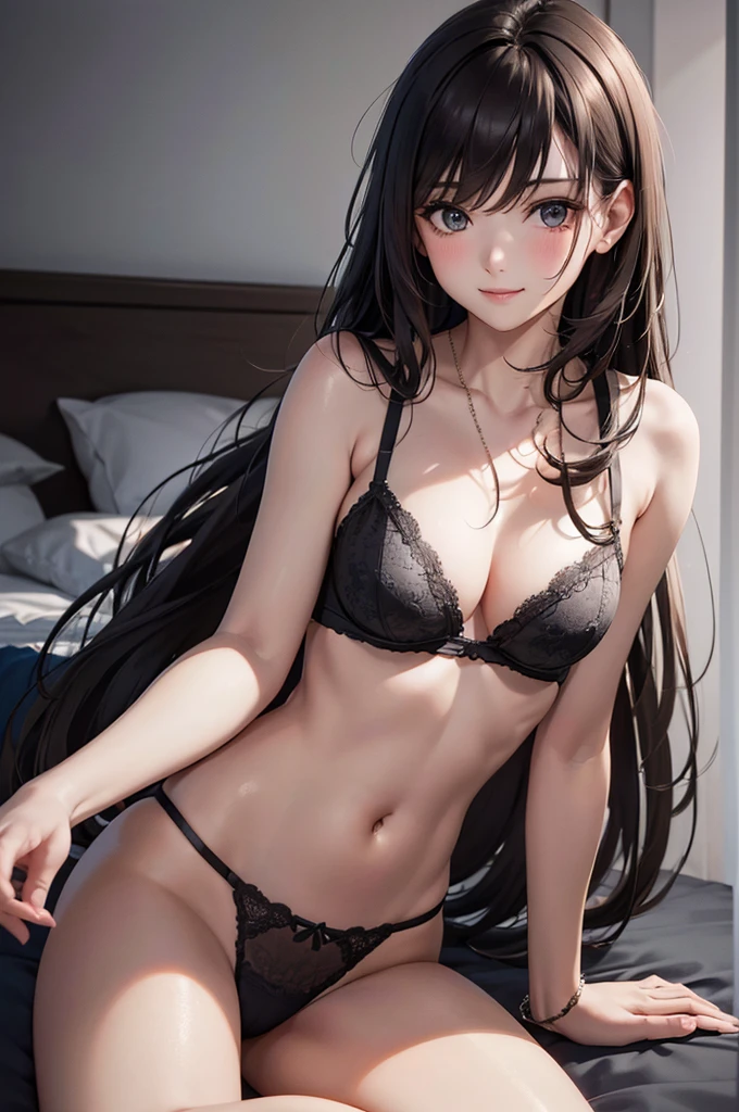 Best Quality,High resolution,8K,finelity detailed background,Masterpiece:1.2),beautiful girl,Shiny brown hair,crossed bangs,Brown eyes,Gentle look,A refreshing look,smile,Best quality,Best Quality,Aesthetic and aesthetic:1.2,Best details((Super detailed))(High-definition CG illustrations),Upper Body,Dark grey underwear, (dark gray),Slender body,night,moon,Bedroom,On the bed,smile,blush,cute,Scrounge,Looking up,Being spoiled,super model,wariza,shoot from,below