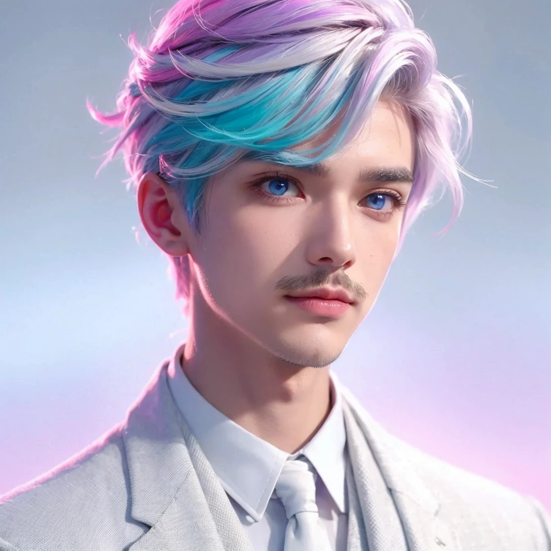 Handsome boy, (white hair highlighted with pink, turquoise, and purple), light blue eyes, with mustache, wearing white formal