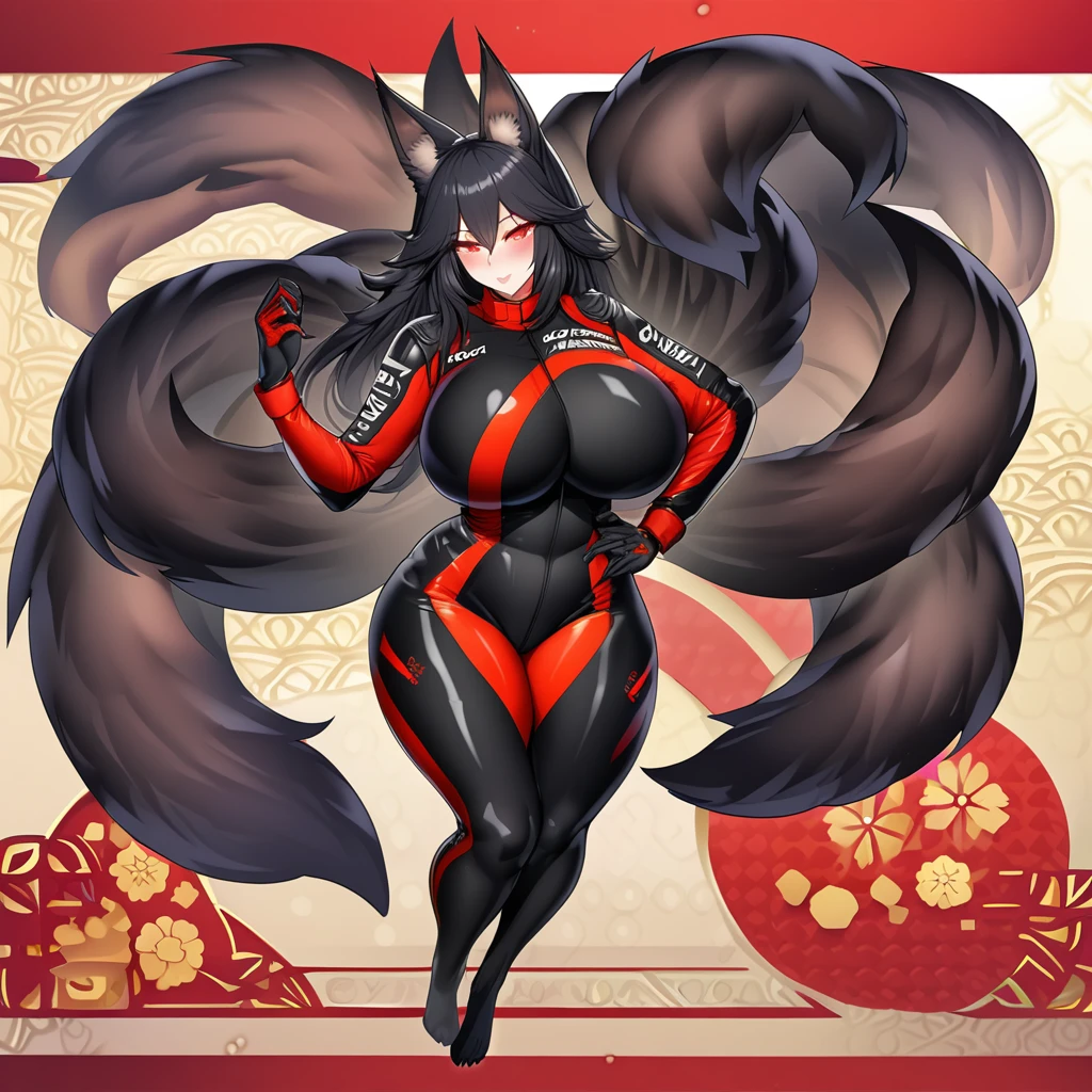 Beautiful black Kitsune, red eyes, highly detailed face, highly detailed eyes, big breasts, Black hair, mature woman, several black kitsune tails, soft long Black Kitsune ears, Wearing red and black Race Suit, wide waist, full body