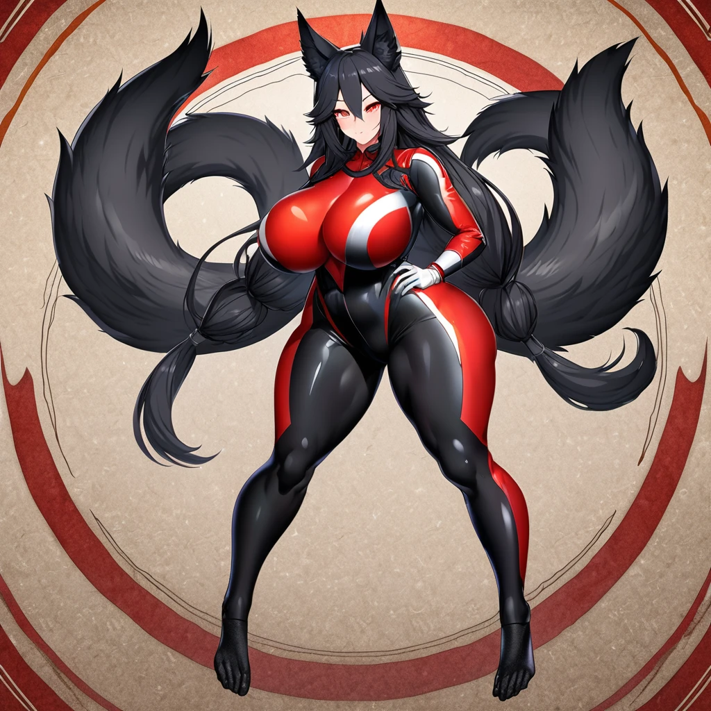 Beautiful black Kitsune, red eyes, highly detailed face, highly detailed eyes, big breasts, Black hair, mature woman, several black kitsune tails, soft long Black Kitsune ears, Wearing red and black Race Suit, wide waist, full body