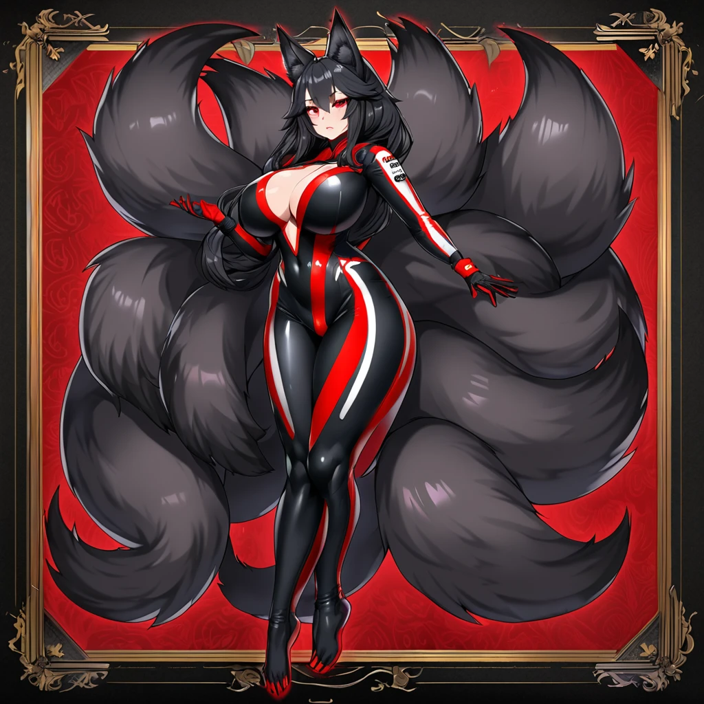 Beautiful black Kitsune, red eyes, highly detailed face, highly detailed eyes, big breasts, Black hair, mature woman, several black kitsune tails, soft long Black Kitsune ears, Wearing red and black Race Suit, wide waist, full body