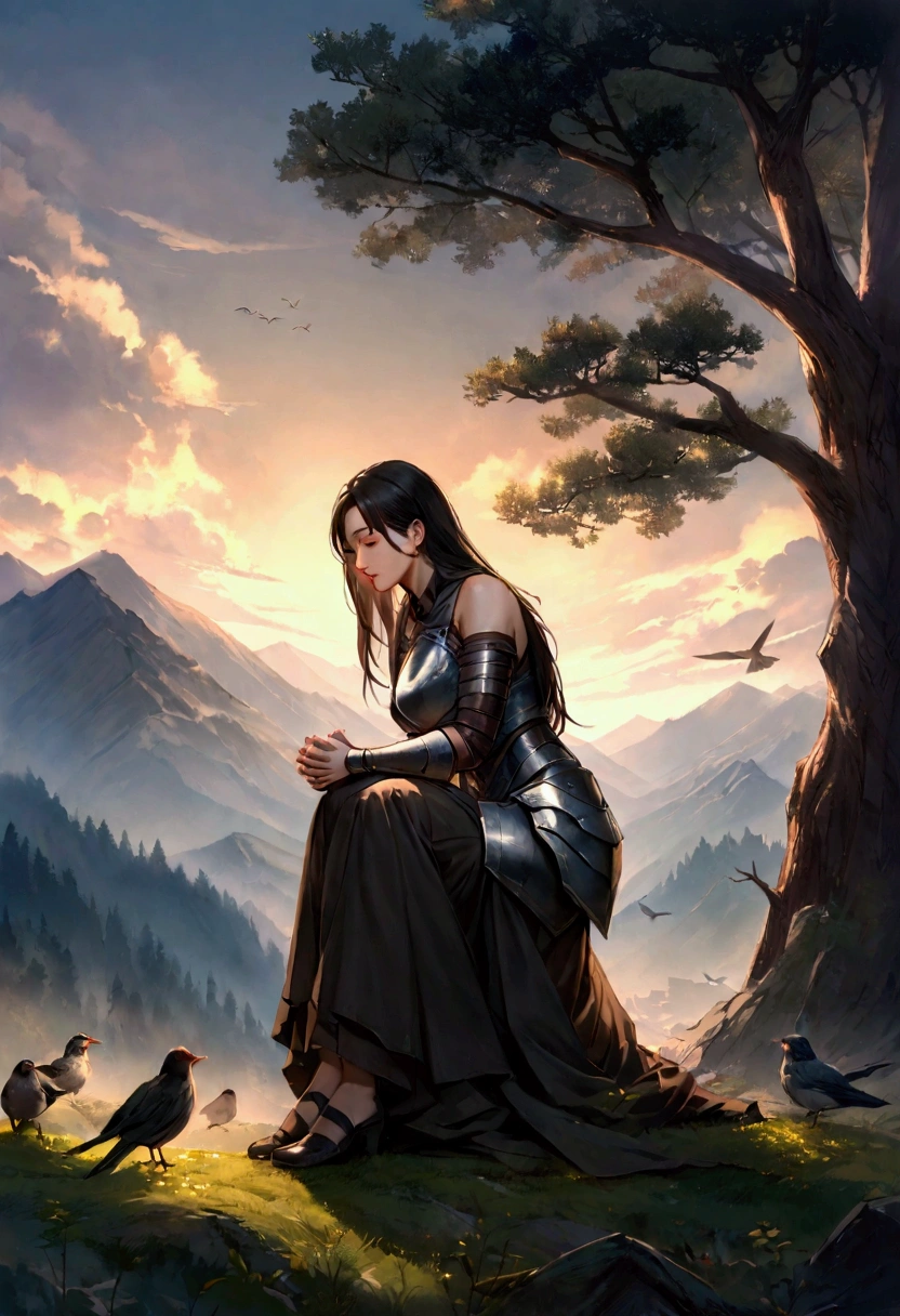 Create a realistic game-style woman character, she is strong and sexy, long black hair, middle-aged and wears battle-damaged armor. The woman is praying on her knees in the twilight next to a tree on a mountain. In the background she creates mountains, forests, heavy clouds leaving an opening for sunlight, add some birds to compose the sky.