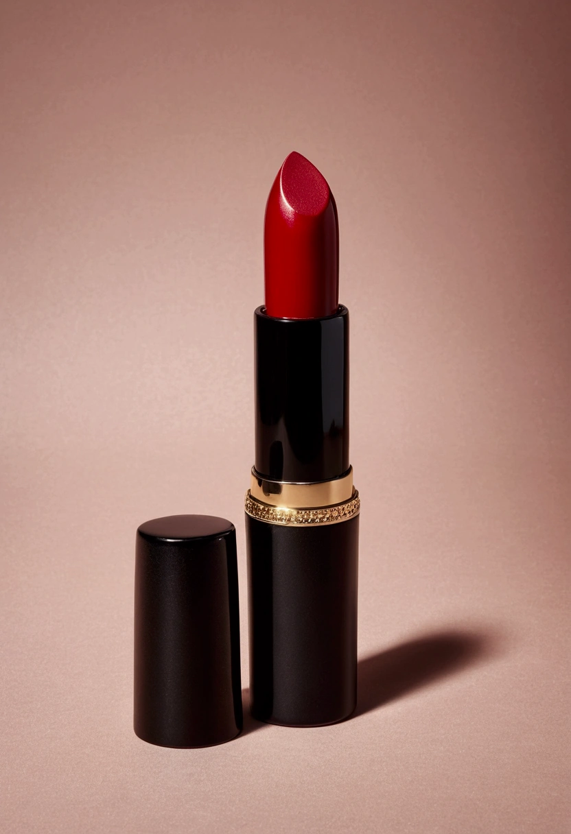 Image of a lipstick with the cap on the side,camera lying down