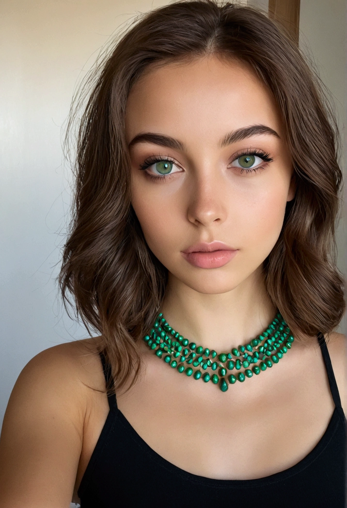 femme arafée avec un débardeur blanc et un collier, fille sexy aux yeux verts, portrait sophie mudd, cheveux bruns et grands yeux, selfie d&#39;une jeune femme, yeux de la chambre, violette myers, sans maquillage, maquillage naturel, regarder directement la caméra, visage avec artgram, maquillage subtil, stunning Tout le corps shot, yeux verts perçants, bel angle, pose attrayante, jolie fille, pose sexy, Tout le corps picture, Tout le corps, Tout le corps shoot, déesse brune, détail élevé, pose satisfaite, pantalon en cuir