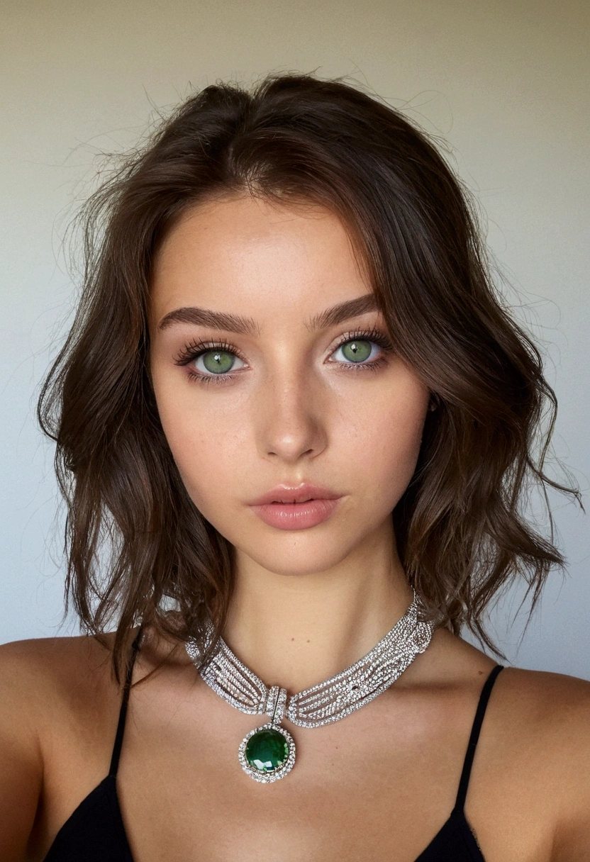 femme arafée avec un débardeur blanc et un collier, fille sexy aux yeux verts, portrait sophie mudd, cheveux bruns et grands yeux, selfie d'une jeune femme, yeux de la chambre, violette myers, sans maquillage, maquillage naturel, regarder directement la caméra, visage avec artgram, maquillage subtil, stunning Tout le corps shot, yeux verts perçants, bel angle, pose attrayante, jolie fille, pose sexy, Tout le corps picture, Tout le corps, Tout le corps shoot, déesse brune, détail élevé, pose satisfaite, pantalon en cuir