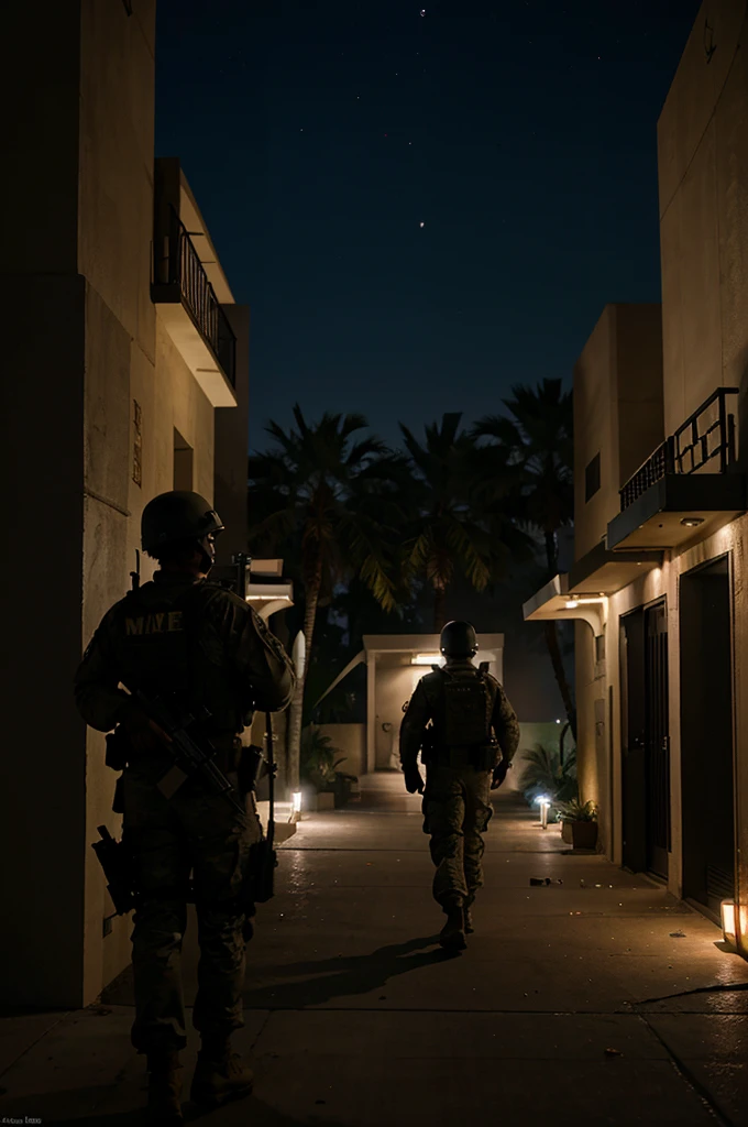 A cinematic realistic image of the U.S military raiding an illegal chinese drug building in Dubai, at night, 4k, 8k, 16k, Volumetric Lighting