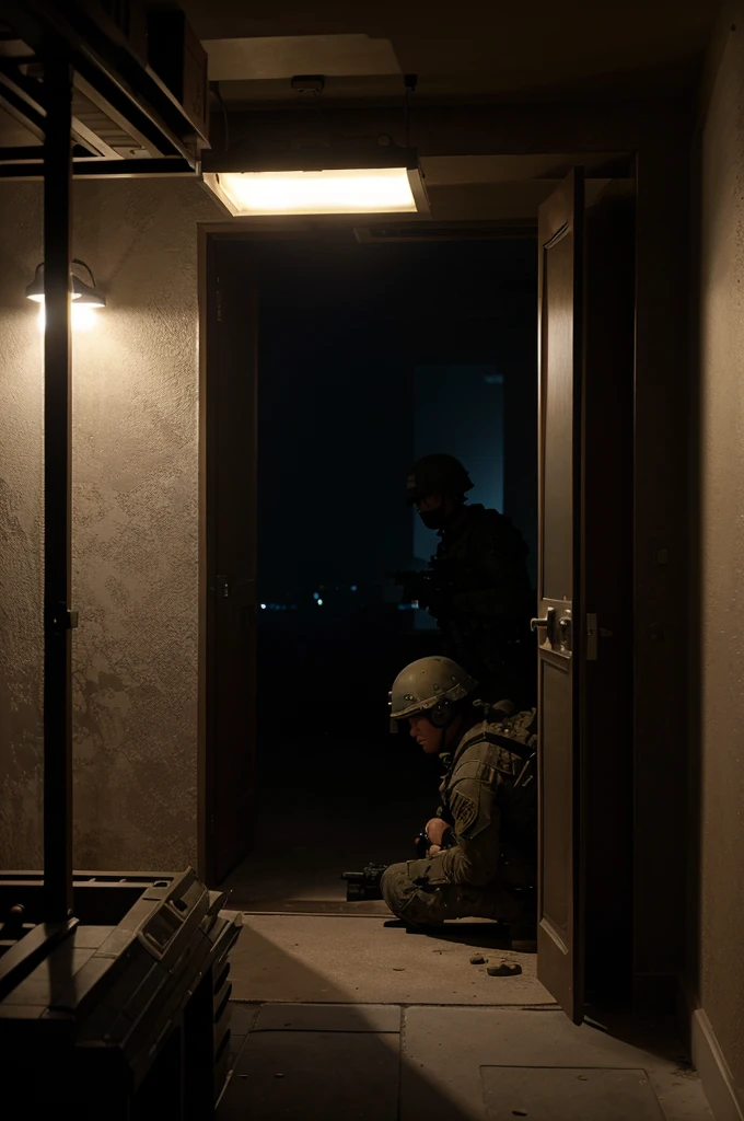 A cinematic realistic image of the U.S military raiding an illegal chinese drug building in Dubai, at night, 4k, 8k, 16k, Volumetric Lighting