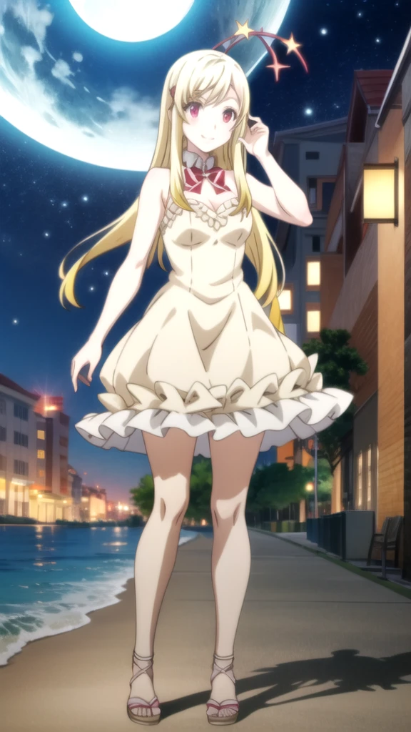 Full body anime girl in sexy hentail lingerie on a beach at night with the moon (anime girl) Yamada mocking smile_yellow, 1chica , by rubio, alone, wide, hair ornament, , smile, bow, red eyes my dress darling anime, beautiful seductress anime anime