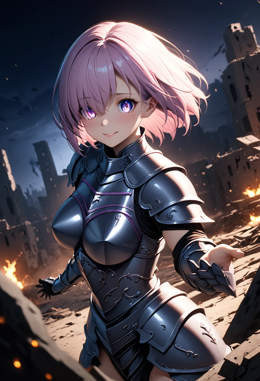 (masterpiece, top quality, best quality, beautiful and aesthetic:1.2), full body, SFW, extremely detailed, detailed eyes, detailed hands, cinematic light, depth of field, 1girl, seducing smile, solo, official, (full armored knight:1.4), dark armor, knight helmet, mash kyrielight, slim body, cinematic lighting, dramatic lighting, dramatic atmosphere, hyper-realistic, high resolution, stunning contrast, high quality, best quality, 8k, 4k, intricately detailed, (amazing details:1.2), highly detailed skin, powerful presence, vibrant colors, (detailed eyes:1.2), striking eyes, (detailed background), (warzone on background, night, ruins), (dynamic angle:1.2), (dynamic pose:1.2)