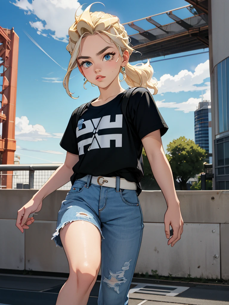 work of art, best qualityer, ultra detali), 1 girl, ager 18 years old, greeneyes, two tone hair, (hair blonde), blue tips, silver crown, light blue floral print dress, wearing rollerblades. Marvel heroes style. Next to his 18 year old black eyed teenfriend ,short black hair wears jeans, black t-shirt and sneakers holding a guitar and points to Mars. Background a starry sky.