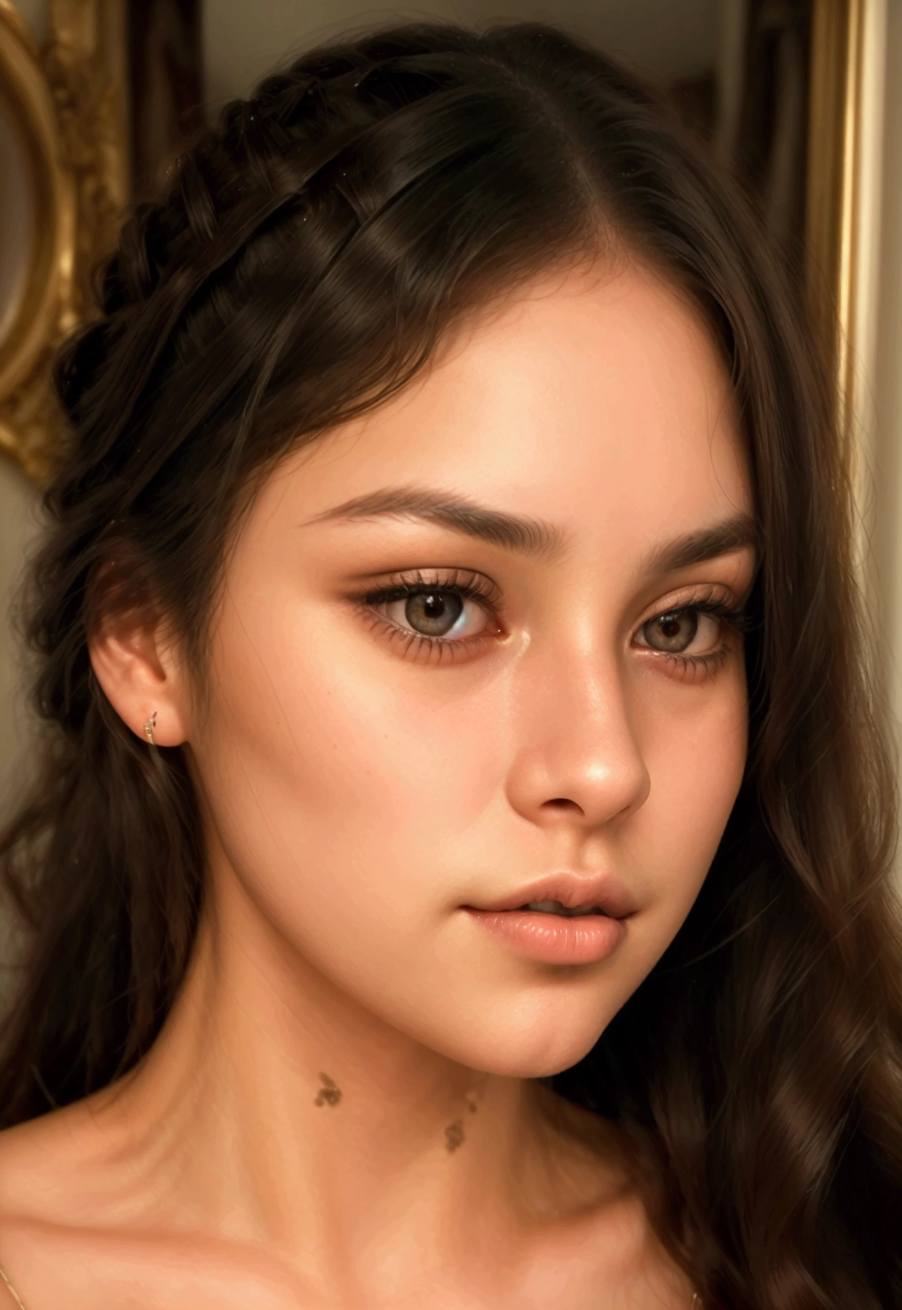 (anika) ultra-realistic portrait of a young woman named Anita (anika) looking into a round handheld mirror. She is gently touching her face with one hand while applying a small amount of cream to her cheek. She is wearing a light-colored, elegant top with thin straps that highlight her shoulders. Her long, dark hair is styled straight and flows over her shoulders. The background is a soft, neutral color that does not distract from her face and the mirror. Soft, natural lighting highlights her facial features and creates a calm, serene atmosphere.