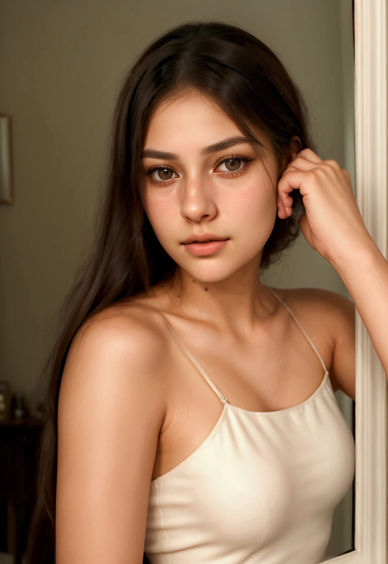 (anika) ultra-realistic portrait of a young woman named Anita (anika) looking into a round handheld mirror. She is gently touching her face with one hand while applying a small amount of cream to her cheek. She is wearing a light-colored, elegant top with thin straps that highlight her shoulders. Her long, dark hair is styled straight and flows over her shoulders. The background is a soft, neutral color that does not distract from her face and the mirror. Soft, natural lighting highlights her facial features and creates a calm, serene atmosphere.
