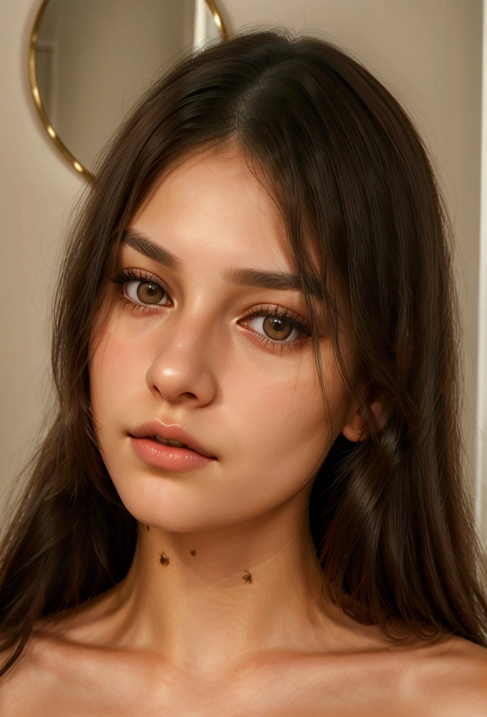 (anika) ultra-realistic portrait of a young woman named Anita (anika) looking into a round handheld mirror. She is gently touching her face with one hand while applying a small amount of cream to her cheek. She is wearing a light-colored, elegant top with thin straps that highlight her shoulders. Her long, dark hair is styled straight and flows over her shoulders. The background is a soft, neutral color that does not distract from her face and the mirror. Soft, natural lighting highlights her facial features and creates a calm, serene atmosphere.
