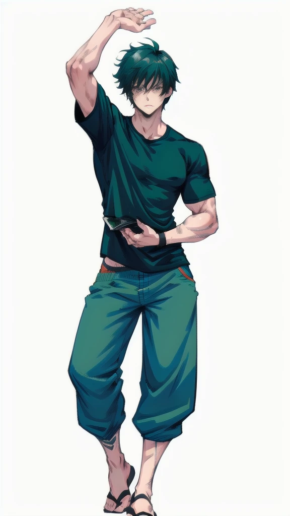 full body in image, masculine pose, unique hair, full man, casual black t shirt, white harem pants, male body, slender body, short hair, full body, hot body, sexy male body, dinamic pose. detalied pose, body, simple background, expressive face, focus on face, line art, sketch
