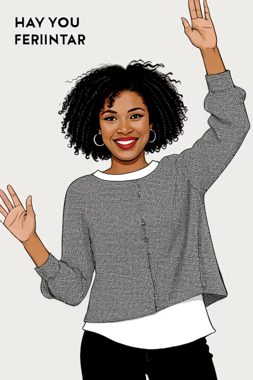 Make an image for a cover letter,Wherever there is a black-skinned woman with curly black hair with gray streaks who is waving happily, I want the woman to be a minimalist caricature.