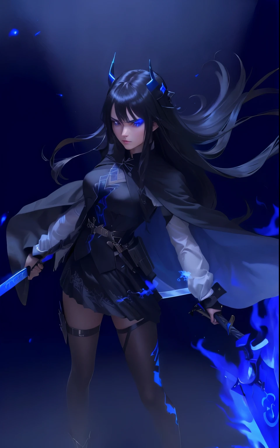 girl in black suit holding a sword with blue fire, long black hair, blue eyes, horns, serious look