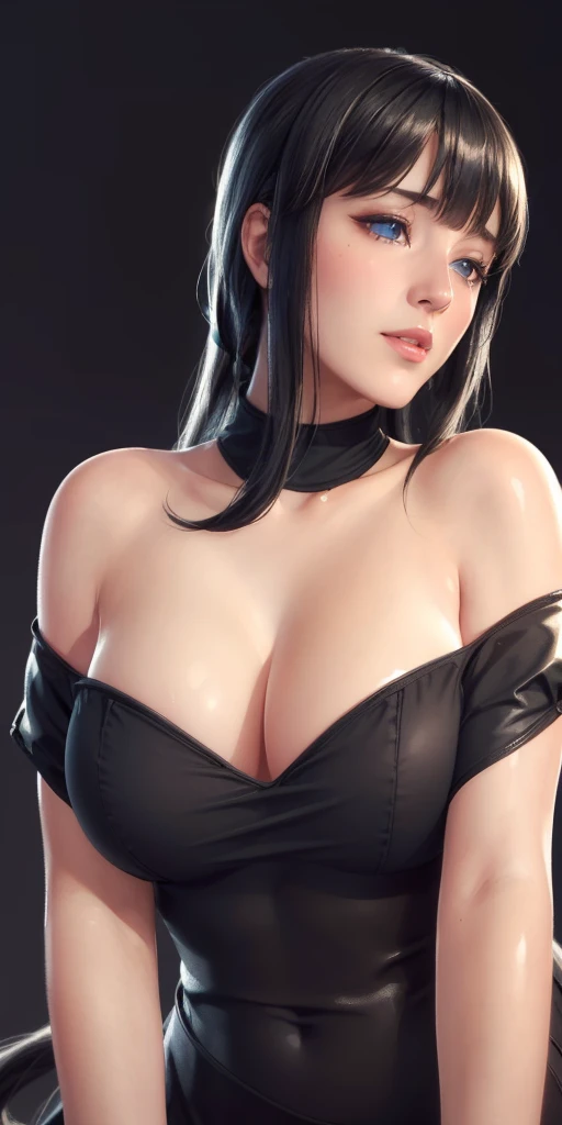 (（（Perfect body,White and tender skin,（（（velvet off shoulder long black dress, side slit,）））,（（（hyuugahin,hyuugahin,hinata\(boruto\),hyuugahin, "black long hair", blue eyes,blunt bangs）））,((masterpiece)),high resolution, ((Best quality at best)),masterpiece,quality,Best quality,（（（ Exquisite facial features,Looking at the audience,There is light in the eyes,blush,Happy,lol）））,）））,（（（Light and shadow,Huge breasts）））,（（（Looking at the camera,black background,)））),