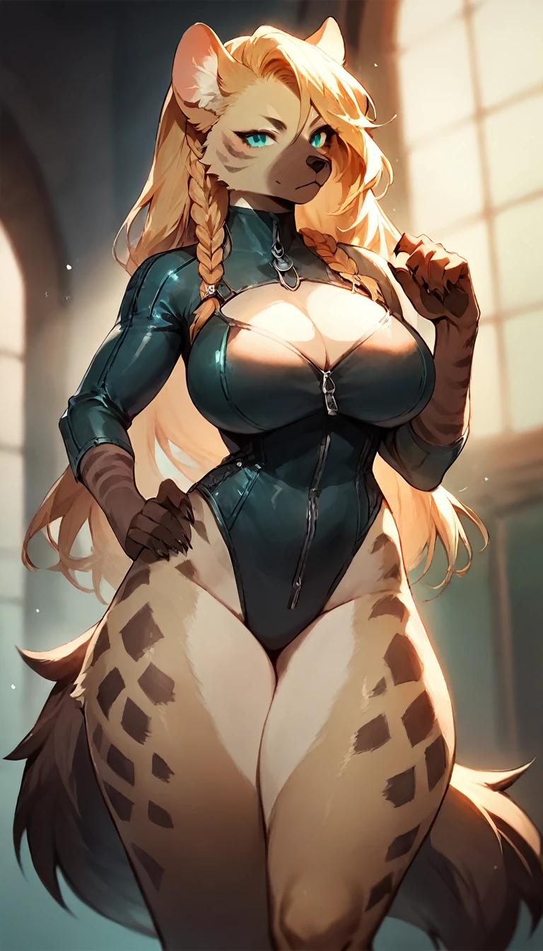 score_9, score_8_up, score_7_up, score_6_up, score_5_up, score_4_up, (solo), female anthro hyena, catgirl suit, lusty, fluffy body, long blond hair, turquoise eyes, (thick thighs:1.5) (barely_visible_booba) (she is standing) , giant breasts