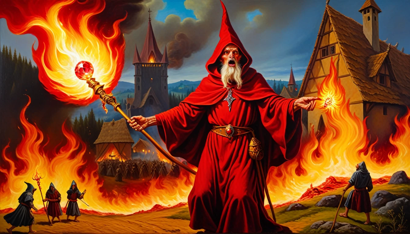 Highly detailed, UHD, 32k, 80s medieval fantasy, oil on canvas painting. An evil cowled wizard clad in red and yellow, holding a magical fire staff with a red crystal, casting fire orbs at a village, with villagers in running amidst the fires