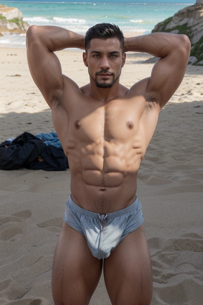 young muscular man, rectangular body, trapezoidal head, with blue eyes, Latin features with goatee style beard and short silver hair, naked, Bulging crotch, detailed crotch, visible crotch, velludo, flexing muscles and tanned skin, posing standing on a beach