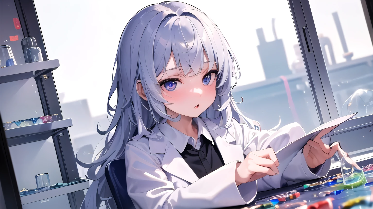 ((best quality, masterpiece, absurbres, super-resolution)), scientist, science lab, experiment, chemistry, lab coat, young girl, white background