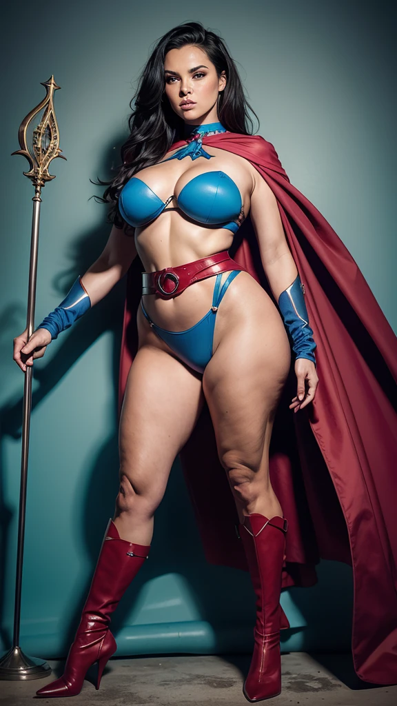 foto de uma superheroina, standing, (pink skin tone), staring overhead, eye contact, (mouth wide open: 1,0), , Waist slender, Female One, huge and round breasts, wearing blue and red strapless leotard, (dark haired:1.2 ), venat, beautiful face, fleshy lips, Slender Face, protruding cheekbones, brawny, No Mohrbacher artistic style, in style of peter mohrbacher. , (full body:1.5), (body shot:1.5)
