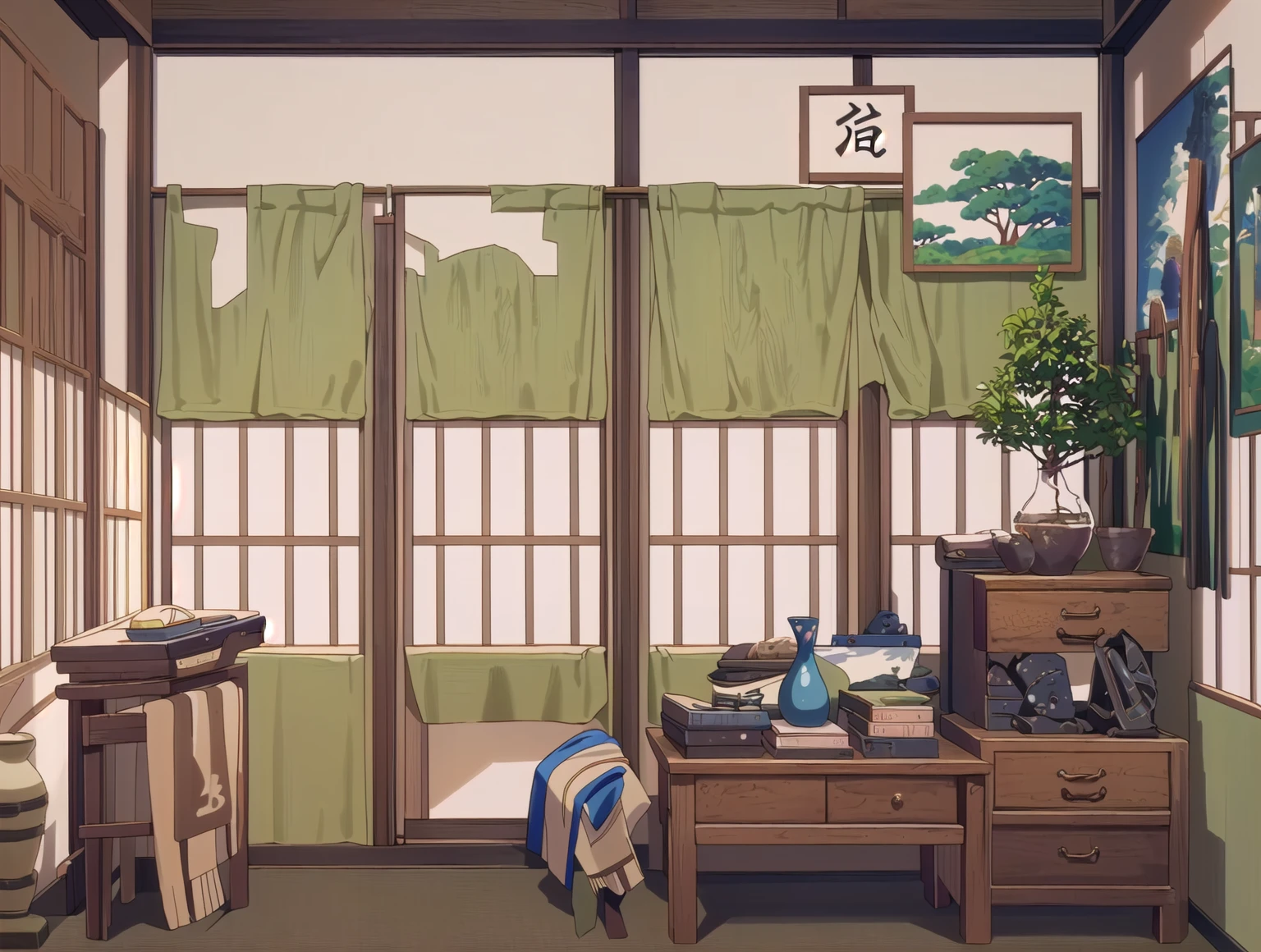 There is a room,There are a lot of furniture and a window inside, Personal room background, Inspired by Yoshida Toshi, room of the nameless painter, Japanese Houses, Studio Ghibli bedroom, Inspired by Watanabe Shotasu, Anime Background Art, Studio Ghibli Aesthetics, Japanese influence, Warm home background, Detailed scenery —width 672