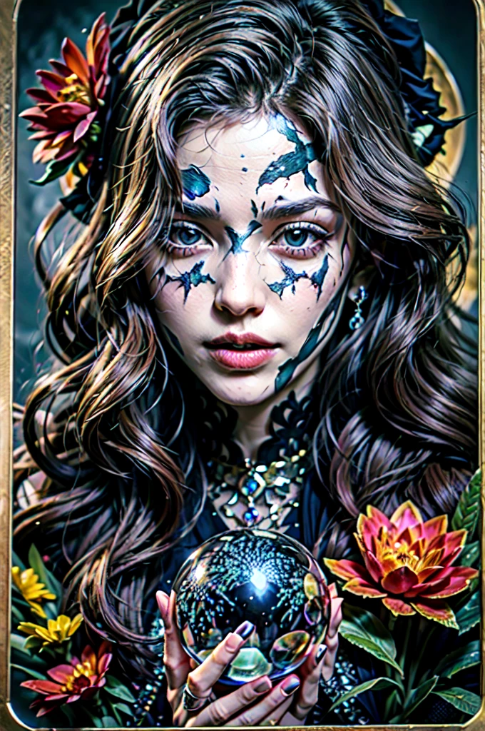 Tarot cards, crystals, crystal ball, diamonds, flowers, realistic, realistic, witch style